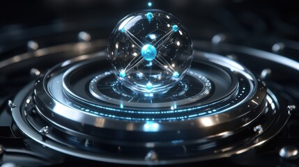 Poster - A futuristic, metallic orb is suspended above a circular base, illuminated by blue lights, evoking a sense of advanced technology and innovation.