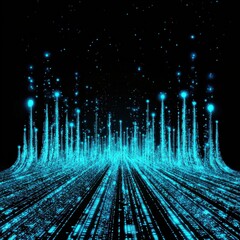 Poster - A futuristic, glowing blue landscape with vertical lines and dots, resembling digital data streams against a dark background.