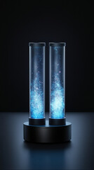 Poster - futuristic display featuring two glowing tubes with swirling blue light, creating cosmic effect