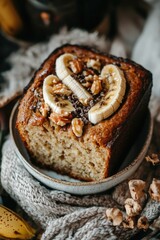 Wall Mural - A slice of banana cake topped with sliced bananas