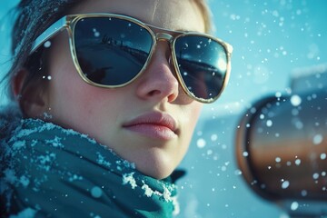 Sticker - A woman wearing sunglasses and a scarf in snowy surroundings, possibly on a winter hike or just enjoying the scenery