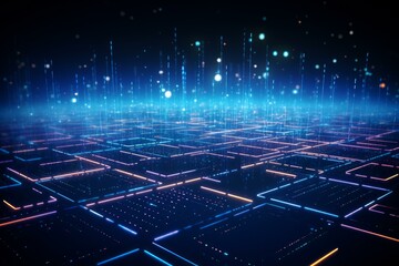 Fototapete - Colorful lights flowing through futuristic circuit board, representing digital data transfer and processing