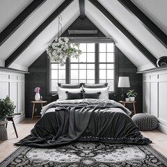 Wall Mural - Attic bedroom area black and white on plain white background