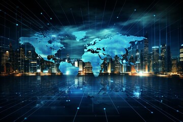 Poster - Futuristic world map connecting major cities through a global communication network, highlighting advancements in technology and international relations