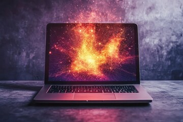 Leinwandbilder - Vibrant Cosmic Explosion Displayed on Modern Laptop Screen