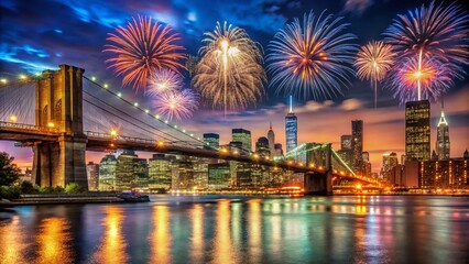 Wall Mural - Fireworks Exploding Over NYC Skyline & Brooklyn Bridge at Night