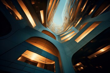 Poster - Low angle view of a modern building's illuminated curved facade at dusk, showcasing innovative architecture
