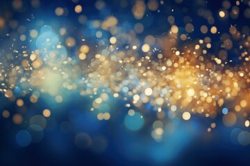 Poster - Golden particles falling and creating beautiful bokeh effect on blue background