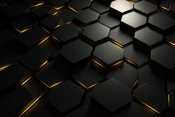 Fototapete - Abstract background featuring a dark surface covered in hexagonal shapes with illuminated edges, creating a futuristic and technological feel