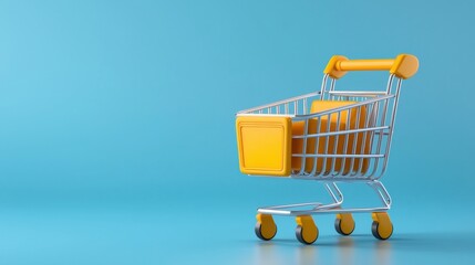 Wall Mural - Empty yellow shopping cart icon with clean minimalistic design on a blue background  Conceptual e commerce online retail and digital shopping cart UI element for website or mobile application