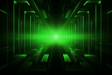 Fototapete - Green light beam traveling through digital corridor with rectangular shapes, creating futuristic and technological atmosphere