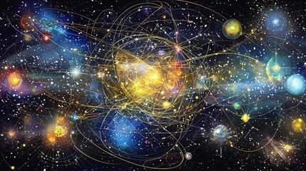 Poster - Vibrant Digital Animation of Atomic Structure in a Cosmic Background