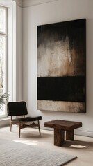 Poster - A stylish living room showcases a large abstract artwork on the wall above a rustic wooden coffee table and a modern chair, illuminated by warm sunlight streaming through large windows