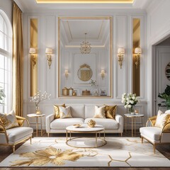 Wall Mural - Home gallery area gold and white on plain white background