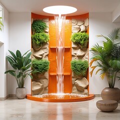 Wall Mural - Indoor waterfall area orange and beige on plain white background