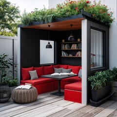 Wall Mural - Outdoor reading nook area red and black on plain white background