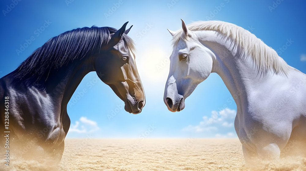 Black and white horses facing each other in desert, sunny sky ...