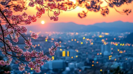 Canvas Print - Cherry blossom sunset over city lights