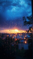 Aufkleber - Drops of rain glisten on a window as a vibrant sunset paints the sky in hues of orange and blue. The city lights twinkle below, creating a serene contrast to the stormy weather outside
