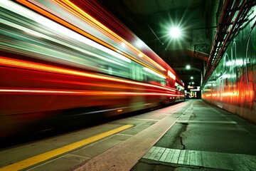 Poster - Red train passing through subway station at night with its lights creating motion blur