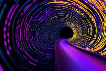 Poster - A vibrant, swirling digital transformation tunnel of colorful lights in purple and yellow creates a mesmerizing, futuristic visual experience.