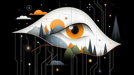 Wall Mural - Artistic Illustration of an Eye Surrounded by Nature and Abstract Elements with Technology Theme