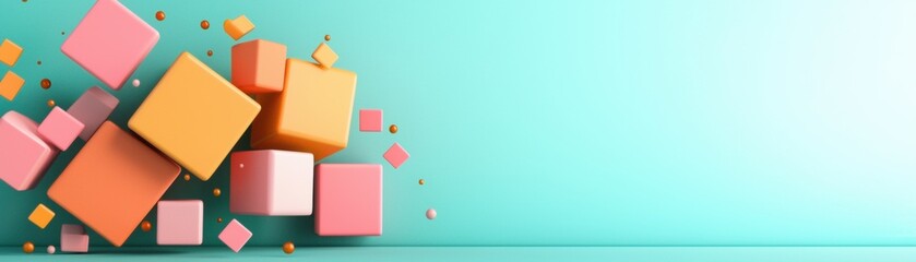Aufkleber - Colorful cubes in various sizes are playfully arranged against a soft turquoise background, creating a vibrant and modern aesthetic.