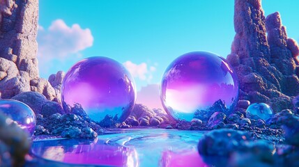 Poster - Dynamic Quantum Storytelling with Ethereal Spheres and Vivid Landscapes