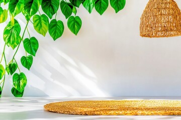 Poster - A bright, modern space featuring lush green leaves, a woven pendant light, and a natural fiber rug on a clean, white surface.