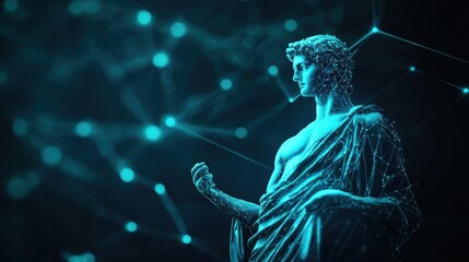 Poster - A digital statue bathed in blue light, surrounded by a network of glowing nodes, symbolizing the fusion of art and technology.