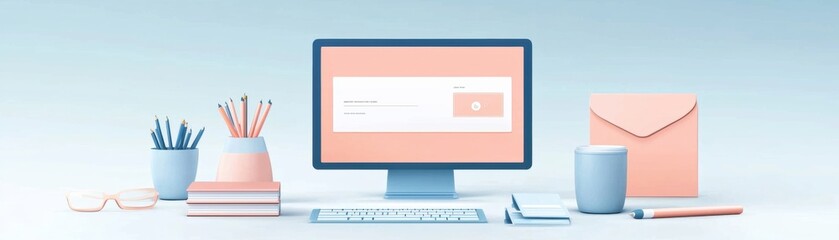 Poster - Modern workspace featuring a computer, stationery, and a pink envelope on a minimalist desk, creating a calm and organized atmosphere.
