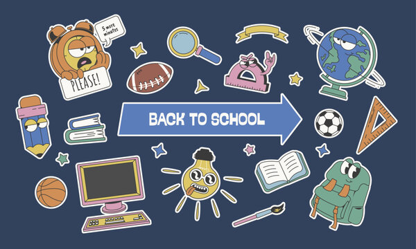 collection of retro stickers with a back to school theme, vector illustration