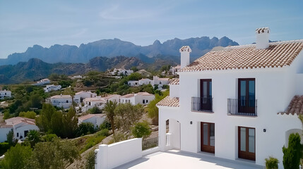 Hillside white villa, Spanish mountains backdrop, sunny day, real estate