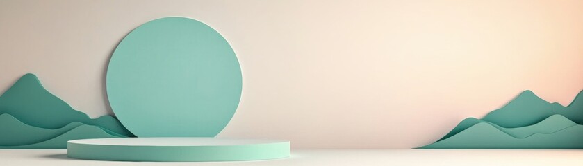 Poster - Minimalistic landscape with a soft pastel color palette featuring circular and mountain shapes.