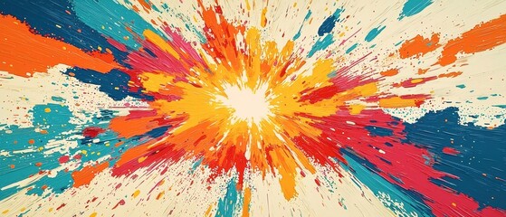 Aufkleber - A vibrant explosion of colors radiates outward, featuring splashes of orange, blue, and yellow against a light background, creating a dynamic and energetic visual effect.