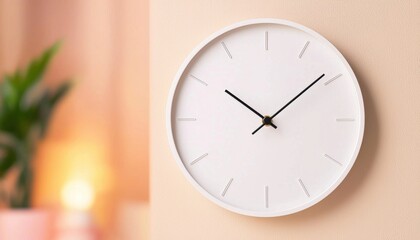 Poster - A minimalist white wall clock displaying the time against a soft-colored background, with a hint of greenery and warm lighting.