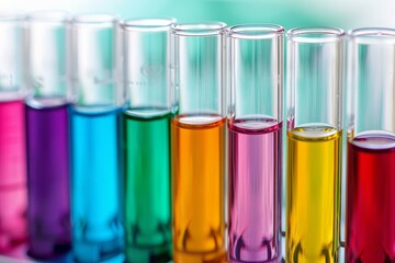 Poster - Row of test tubes containing brightly colored liquids, showcasing a chemistry experiment in a laboratory setting