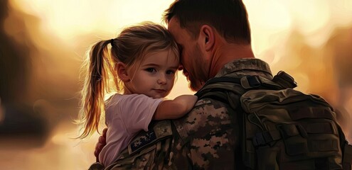 joyful embrace as a military father comes home from war.