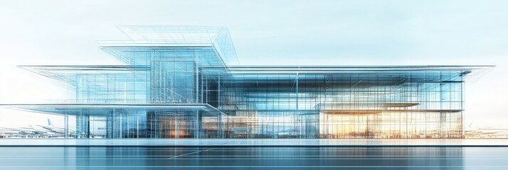 Fototapete - A modern, glass-structured building reflecting contemporary architectural design against a light background.