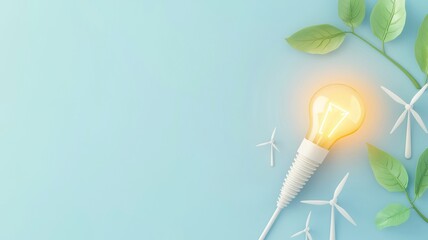 Poster - Digital illustration of glowing light bulb plug and leaves on blue background