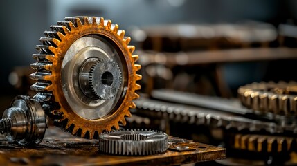 Poster - Intricate steel gears in motion industrial workshop high-detail photography dim environment close-up perspective