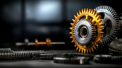 Poster - Precision engineering interlocking steel gears industrial workshop macro photography dim lighting mechanical mastery