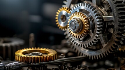 Poster - Intricate mechanical gears interlocking in precision industrial workshop photography close-up stunning detail