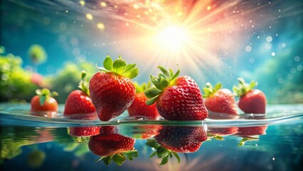 Canvas Print - Fresh Red Strawberries Floating in Water with Sunlight Reflections - Stock Photo