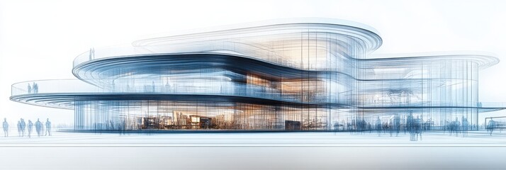 Fototapete - A modern architectural rendering showcasing a sleek, futuristic building design with flowing lines and large glass elements.