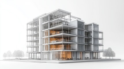 Fototapete - A modern architectural rendering of a multi-story building showcasing a skeletal structure with glass and wooden elements.