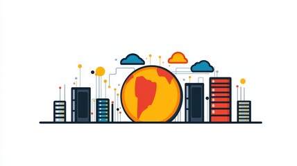 Poster - Abstract Geometric Design of Globe Surrounded by Data Storage Elements and Clouds