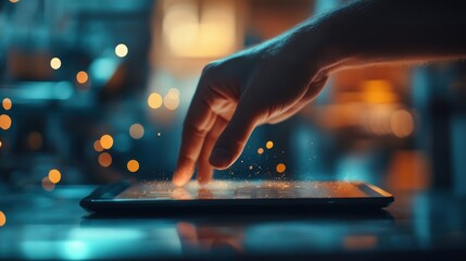 Poster - Close up of businessman hand touching digital tablet screen with glowing bokeh lights, working late in office using innovative technology for business and finance