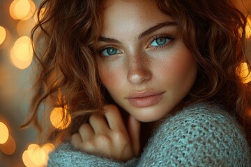 Sticker - Beautiful woman with curly hair and striking blue eyes poses softly surrounded by warm, glowing lights in a cozy setting