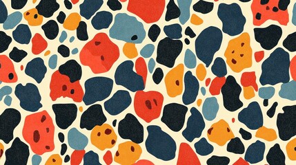 Aufkleber - A vibrant abstract pattern featuring irregular shapes in red, blue, black, and orange against a light background, creating a lively visual texture.